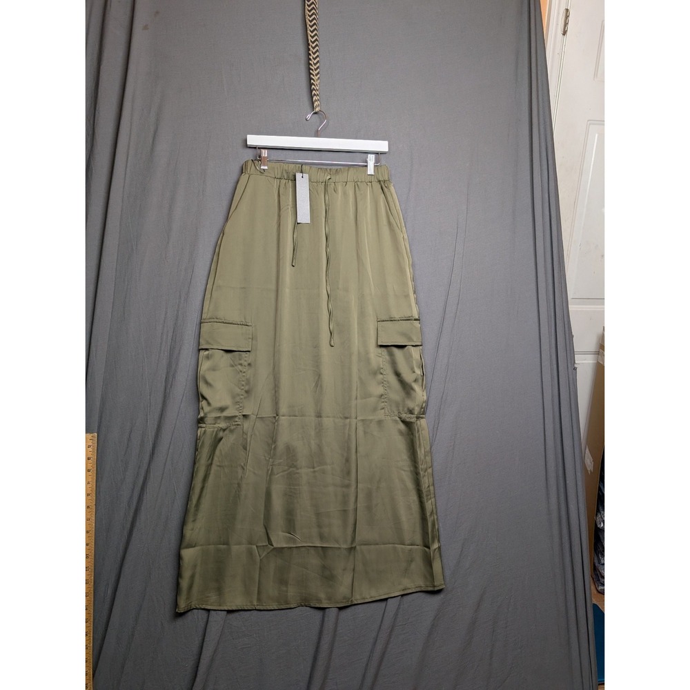 Emerson Lang Womens Maxi Cargo Skirt Olive Green Pockets Stretchy Large‎